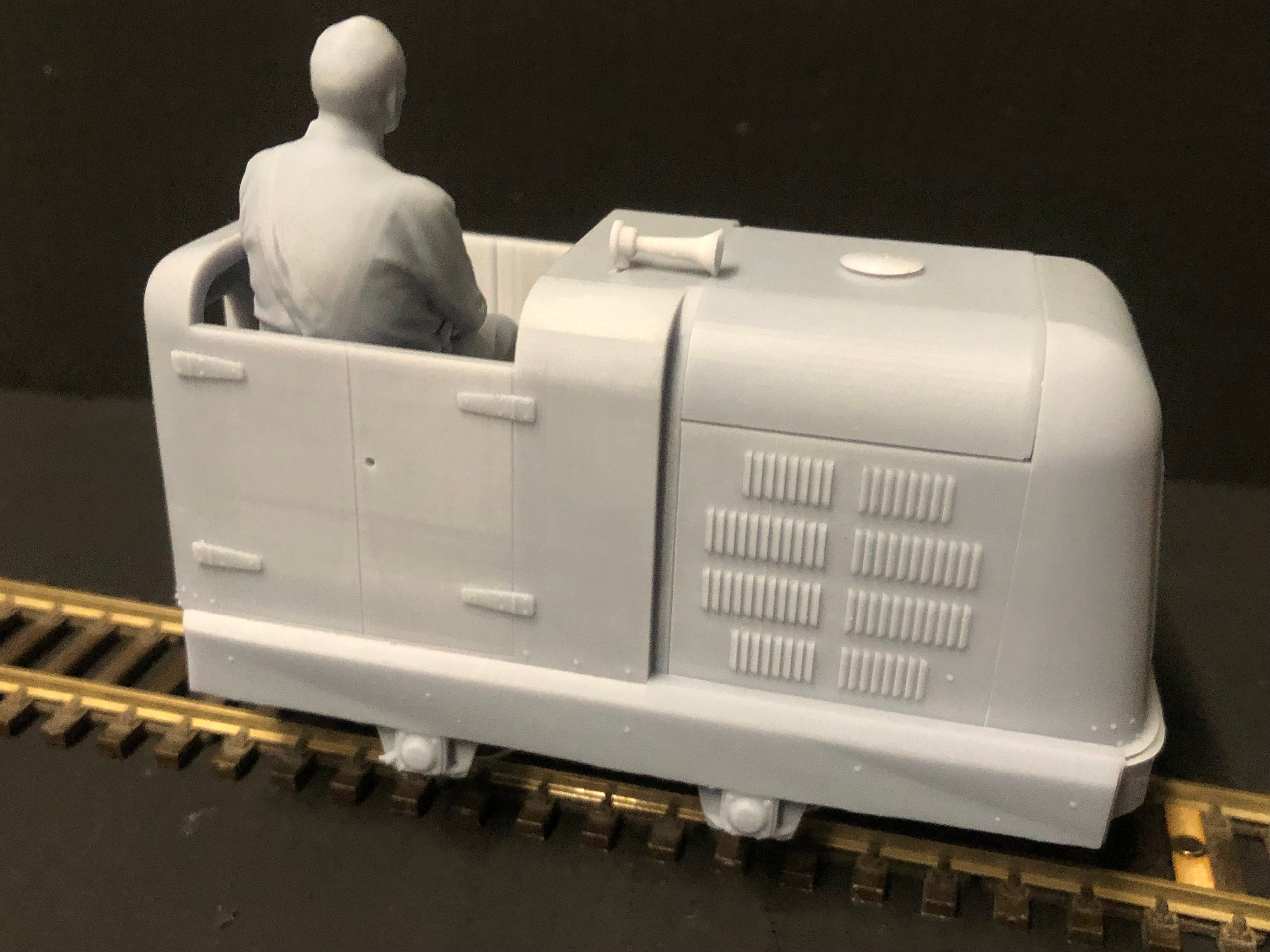 Unpainted GN15 diesel critter locomotive body kit for Smokey Joe 0-4-0 chassis, shown on 00 gauge industrial track.