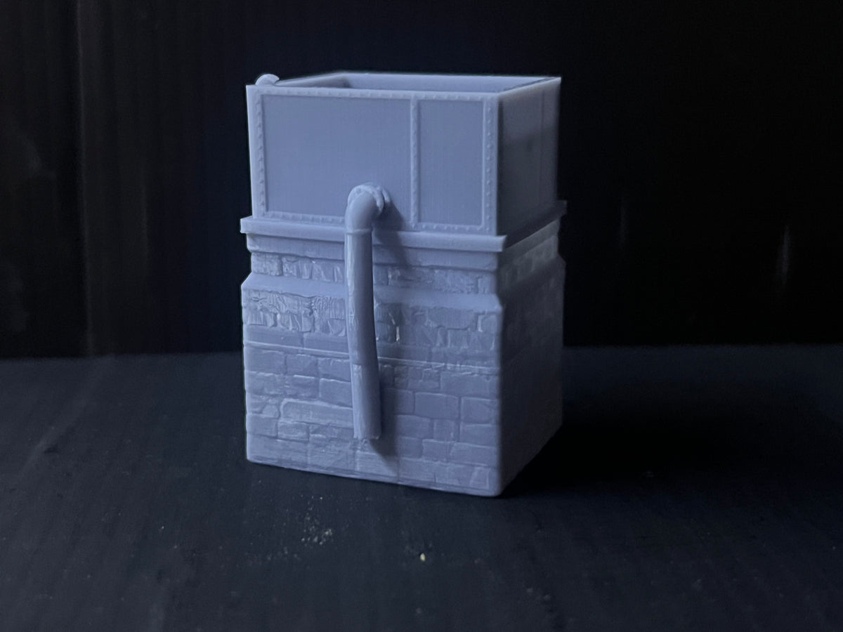 OO Gauge Stone-Built Water Tower with Riveted Tank – 3D Printed Resin Model Railway Scenery