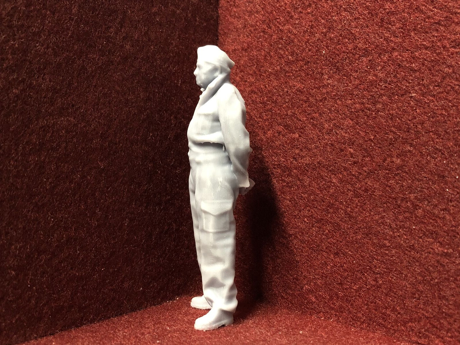 Unpainted G-scale 1:22 man in military-style uniform figure for GN15 model railways, 3D scanned from a real person