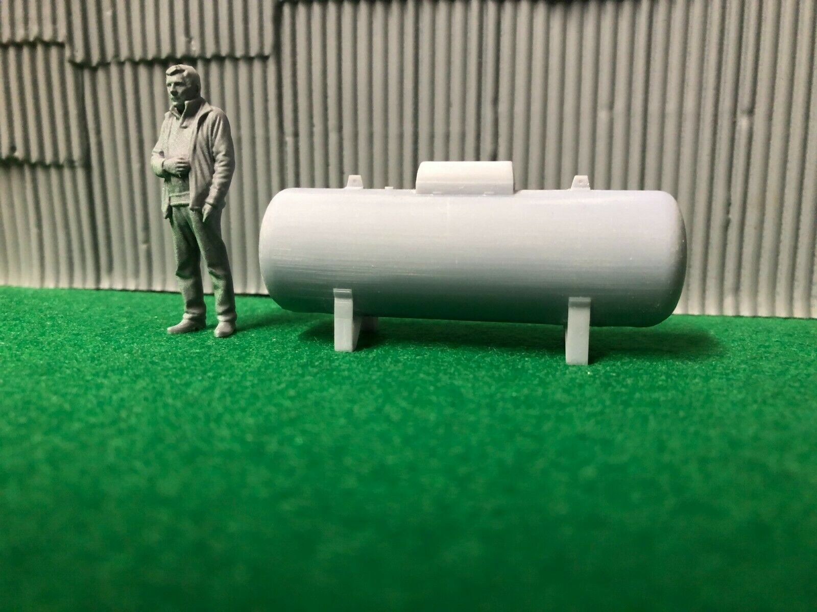 O scale unpainted resin propane tank with gas pipe wire and standing figure for model railway scenery layouts