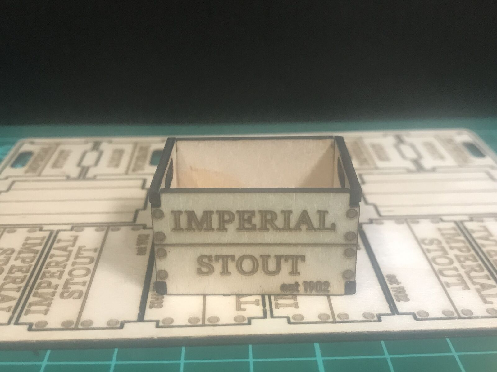 G scale and GN15 model railway kit with 12 laser-cut wooden crates in four designs, supplied flat-packed for assembly