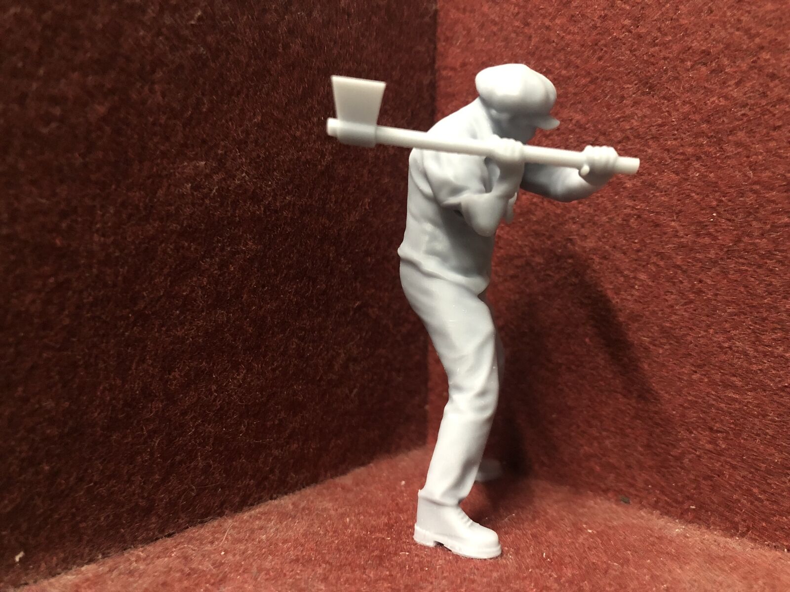 Unpainted G-scale 1:22.5 GN15 model railway figure mid-swing with axe, 3D scanned from a real person for realistic detail