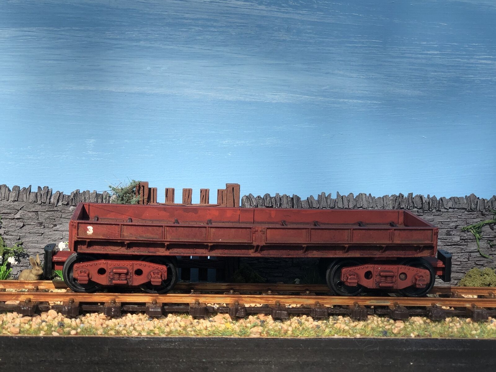 Gn15 narrow gauge bogie plate wagon kit with detailed flat deck, supplied with bogie wheels and NEM coupling pockets