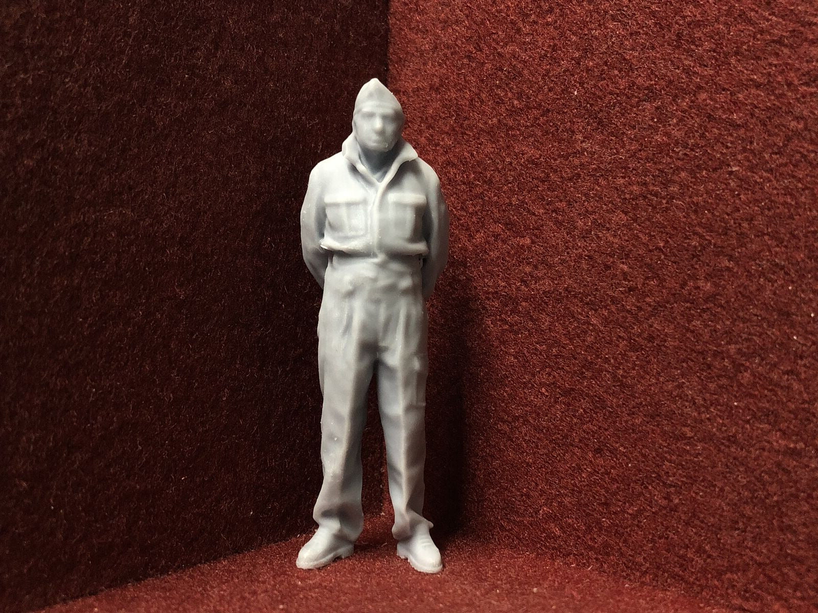 Unpainted G-scale 1:22 man in military-style uniform figure for GN15 model railways, 3D scanned from a real person