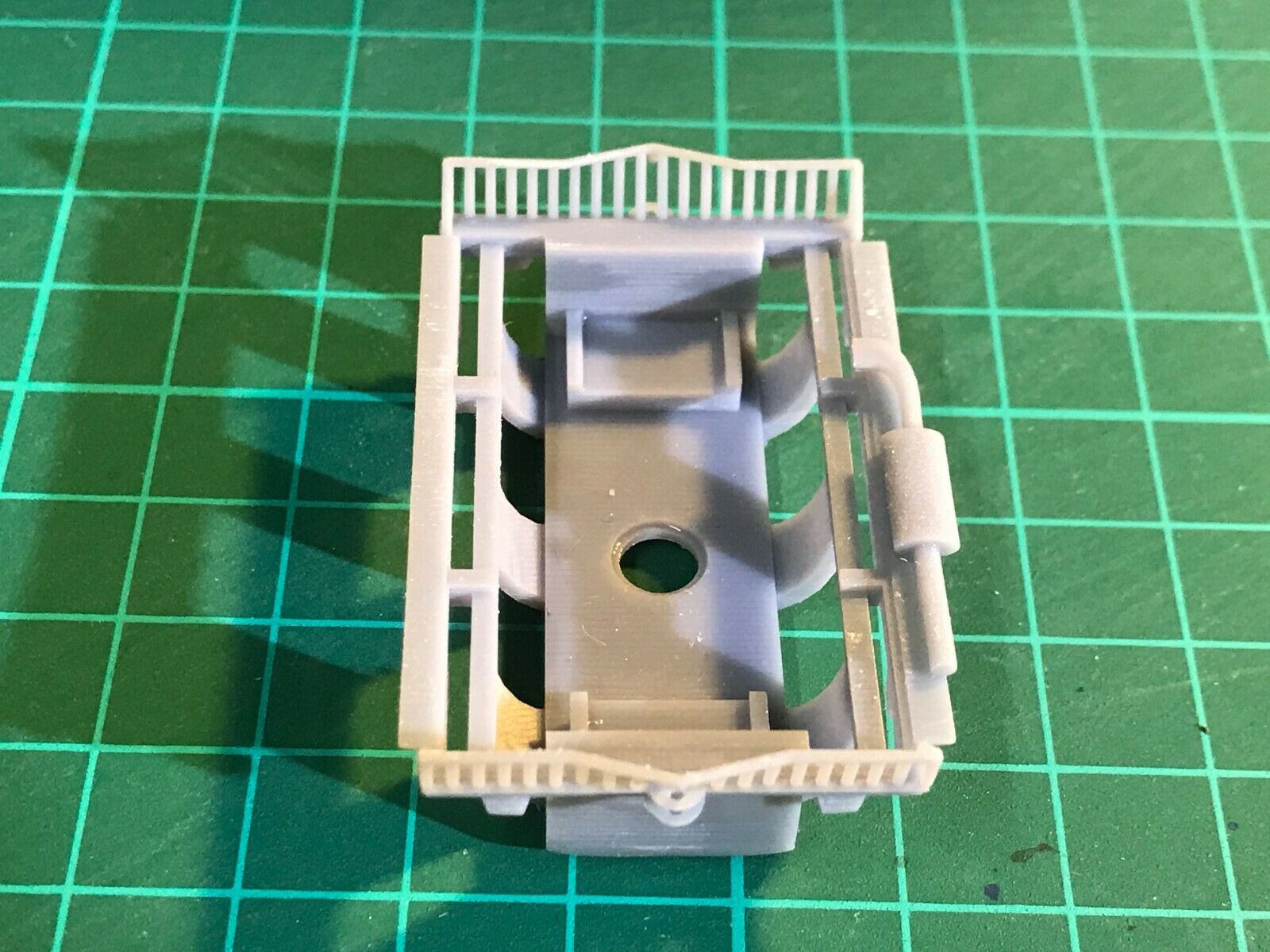 Unpainted OO gauge Wickham Type 42 inspection car body and sub-chassis kit shown on a Tenshodo Spud motor bogie chassis