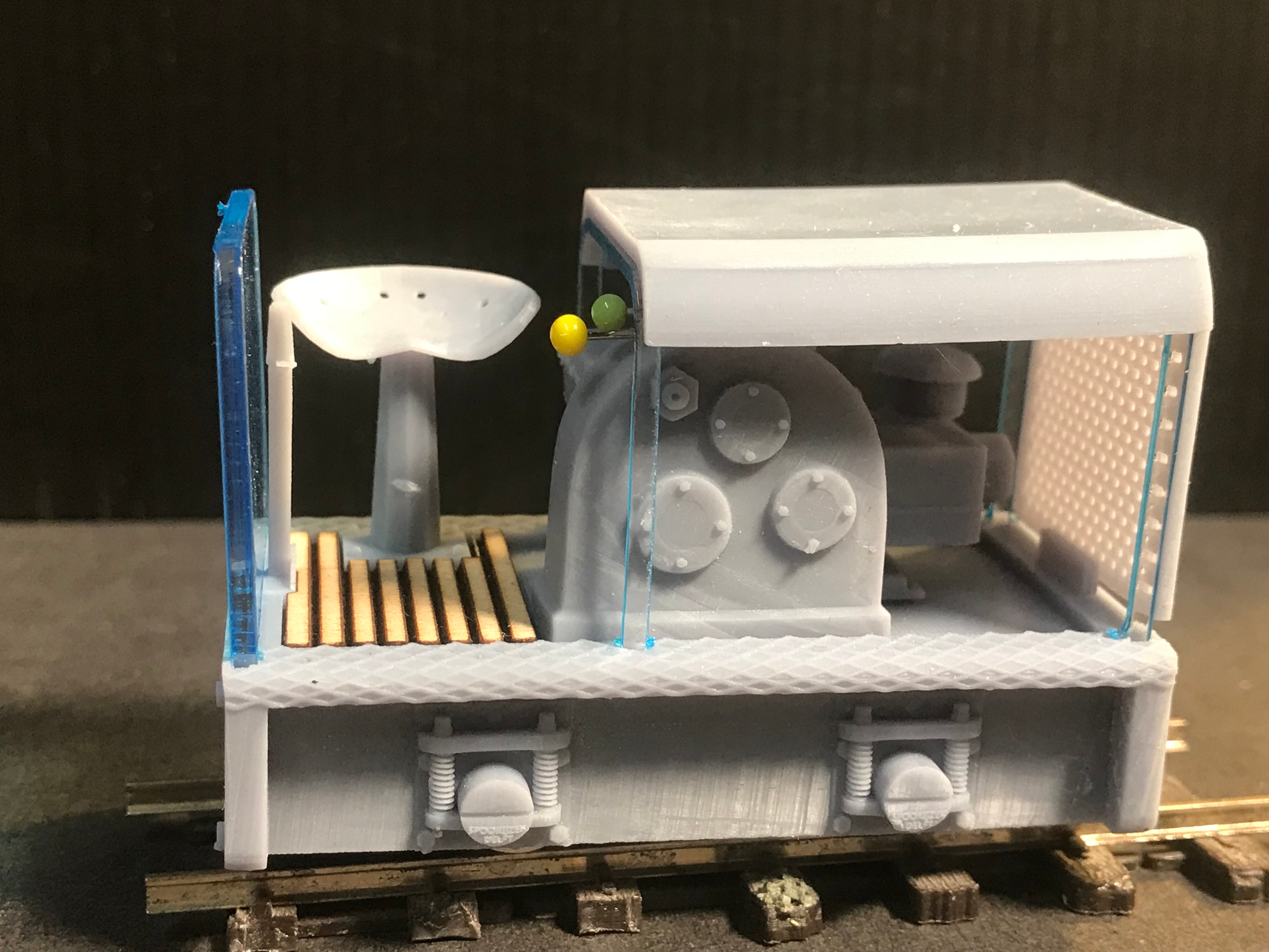 Unpainted GN15 diesel critter model railway kit, G-scale body for OO gauge track, shown with a Tenshodo spud motor chassis