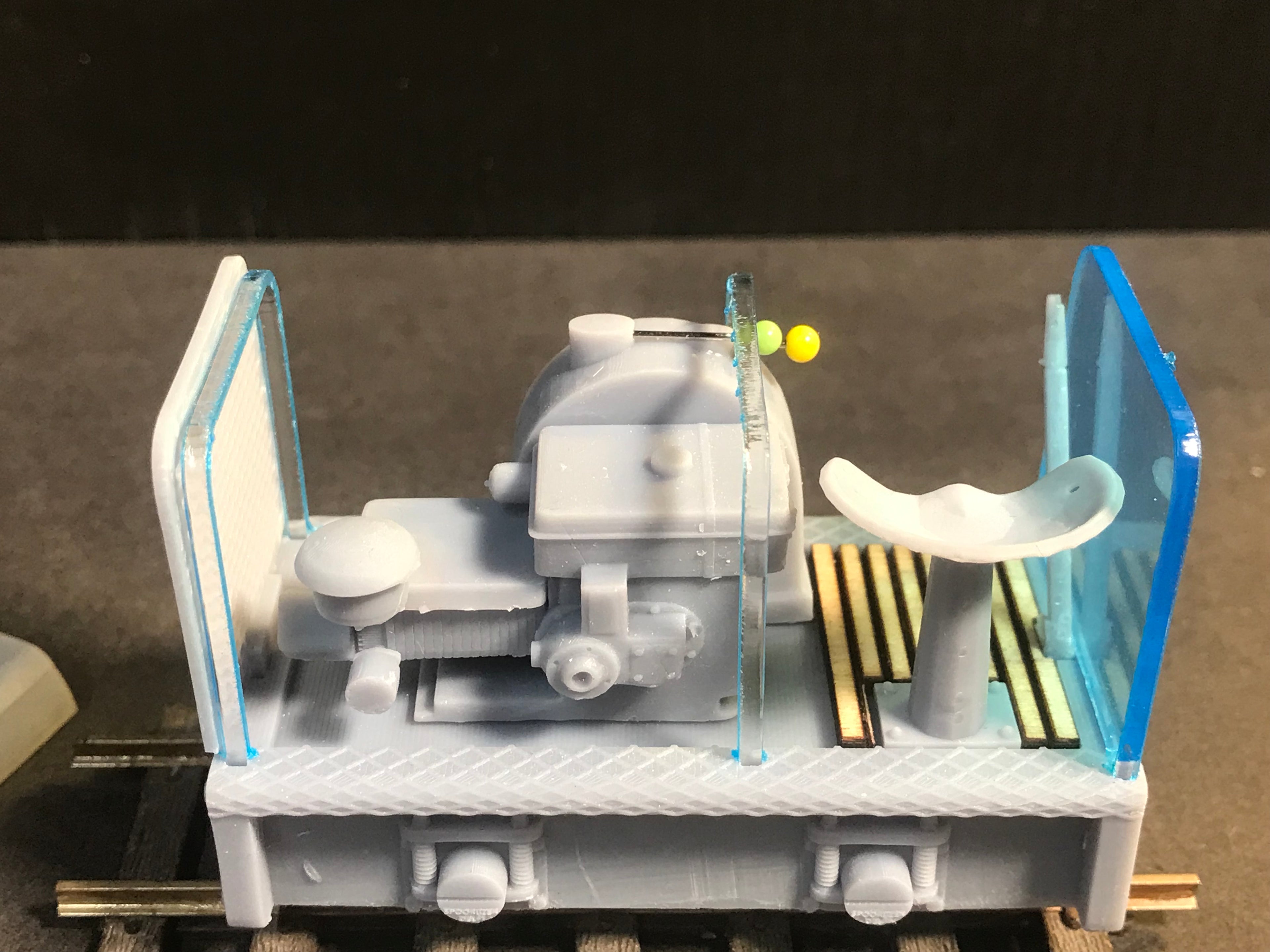 Unpainted GN15 diesel critter model railway kit, G-scale body for OO gauge track, shown with Tenshodo spud motor chassis