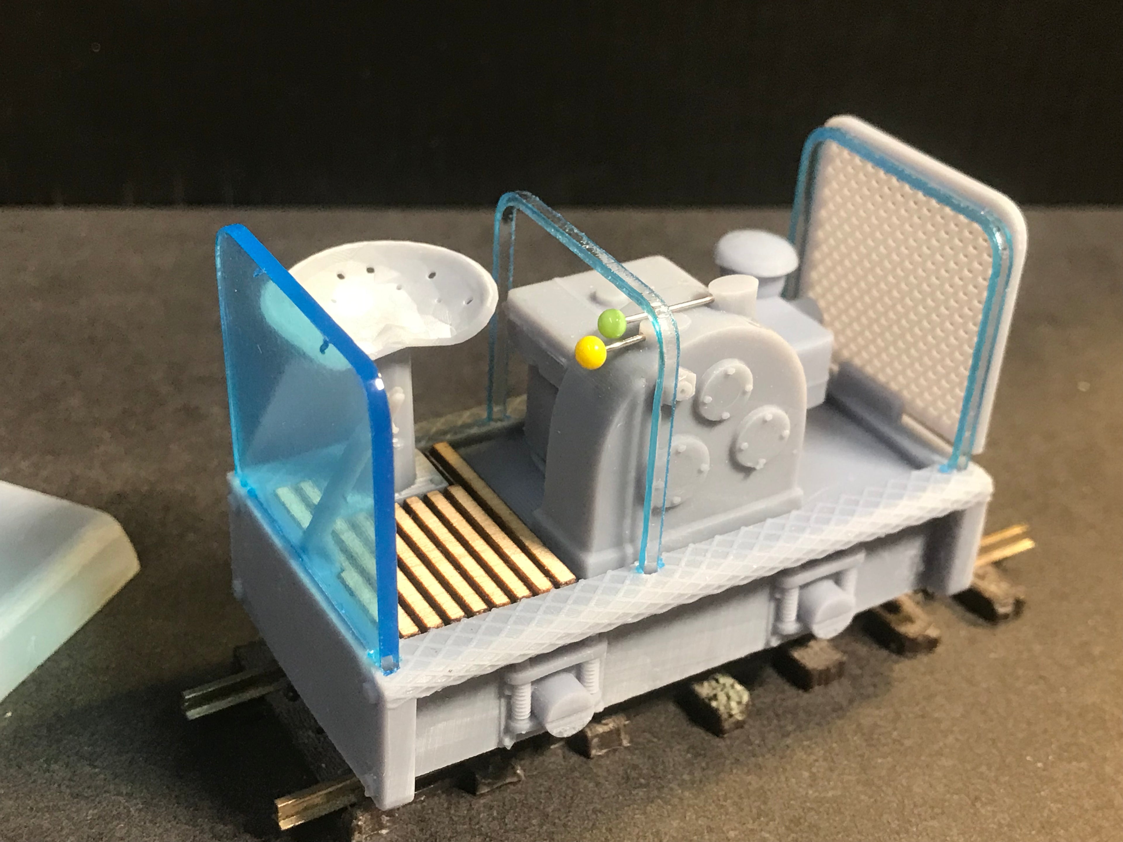 Unpainted GN15 diesel critter locomotive kit in G scale for OO gauge track, shown with optional Tenshodo spud motor chassis
