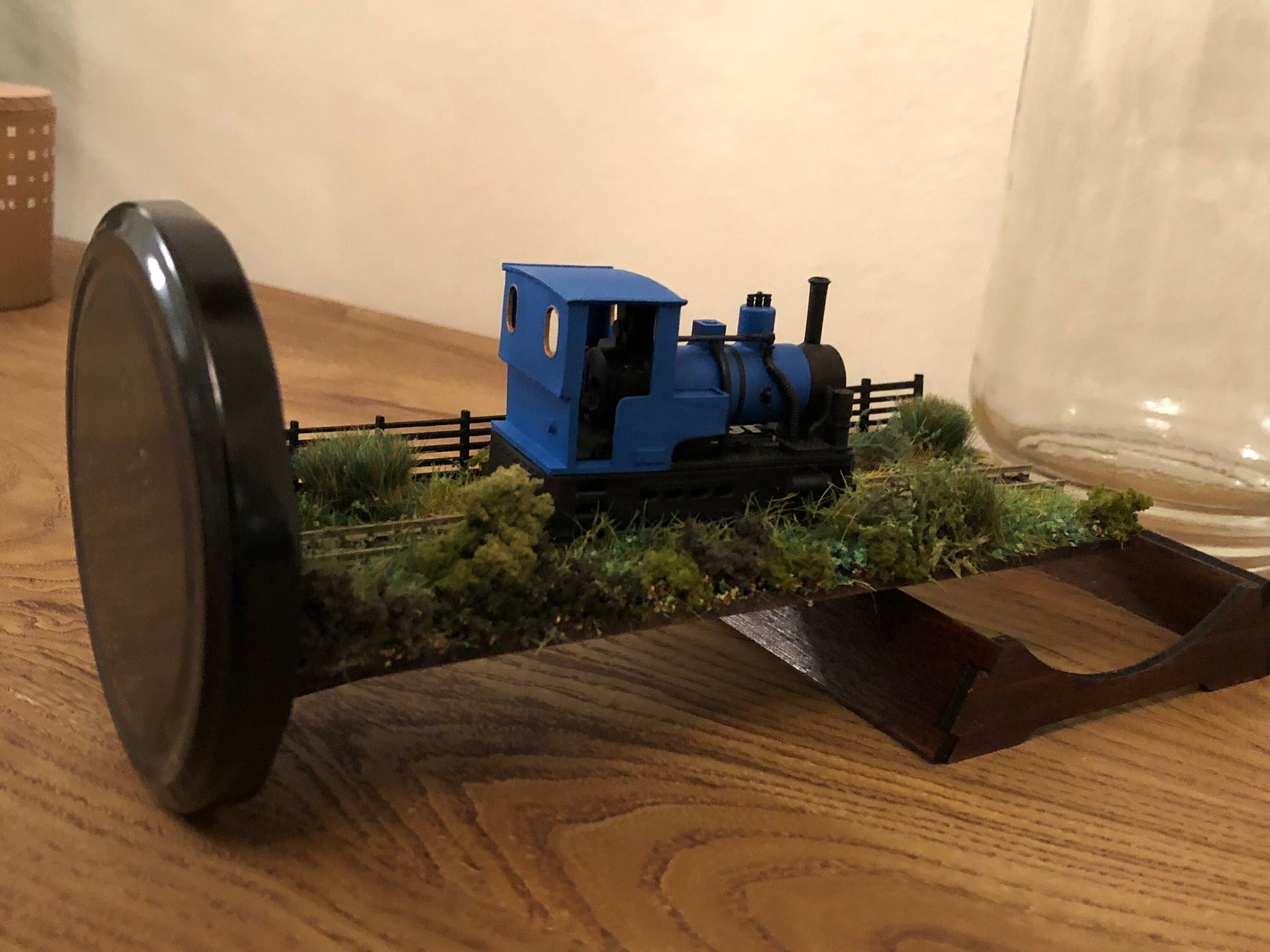 Laser-cut jam jar micro diorama kit with wood base and fence for OO, OO9, N or Z gauge model railway or scenic displays